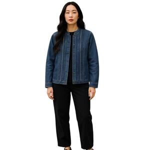 Live a Little Denim Jacket Womens L Blue Ruffle Trim Snap Button Stretch Western